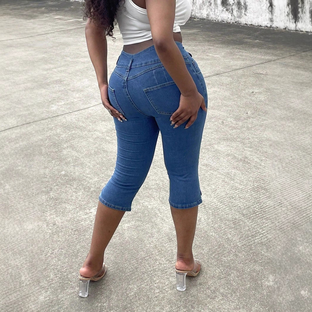 Damen Hochtaillierte, dreiviertellange Stretch-Jeans mit Destroyed-Einsätzen und seitlichem Saumschlitz Drune