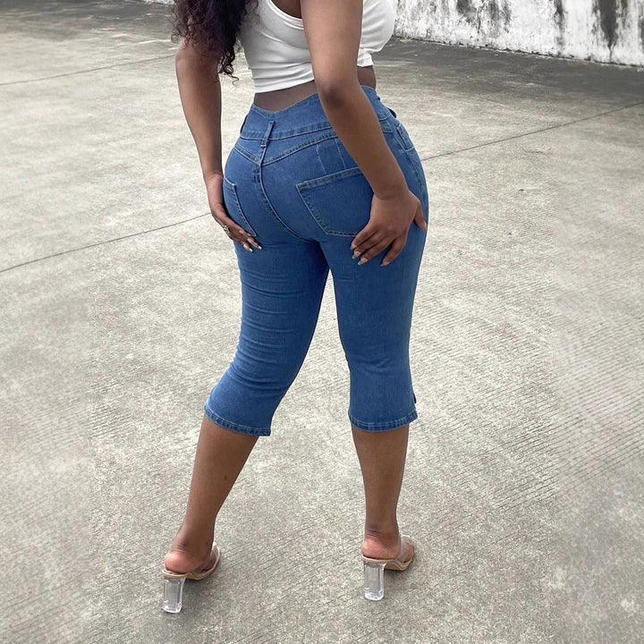 Damen Hochtaillierte, dreiviertellange Stretch-Jeans mit Destroyed-Einsätzen und seitlichem Saumschlitz Drune