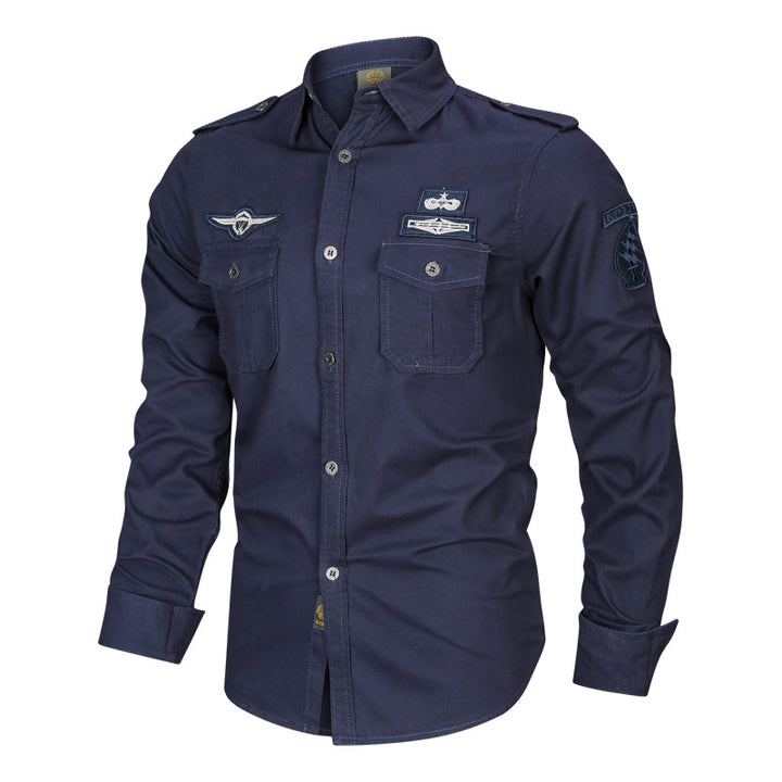 Herren nan tailliertes Baumwollhemd mit Schulterklappen, aufgesetzten Brusttaschen und markanten Patch-Details Drune