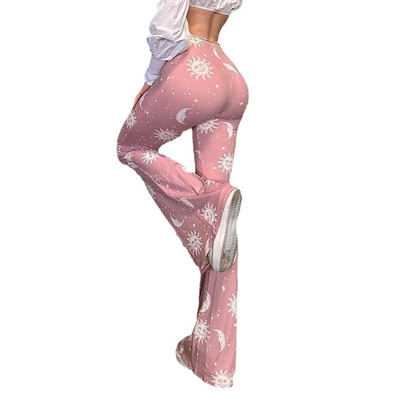 Damen Bootcut-Hose mit künstlerischem Mond- und Sonnen-Design Drune