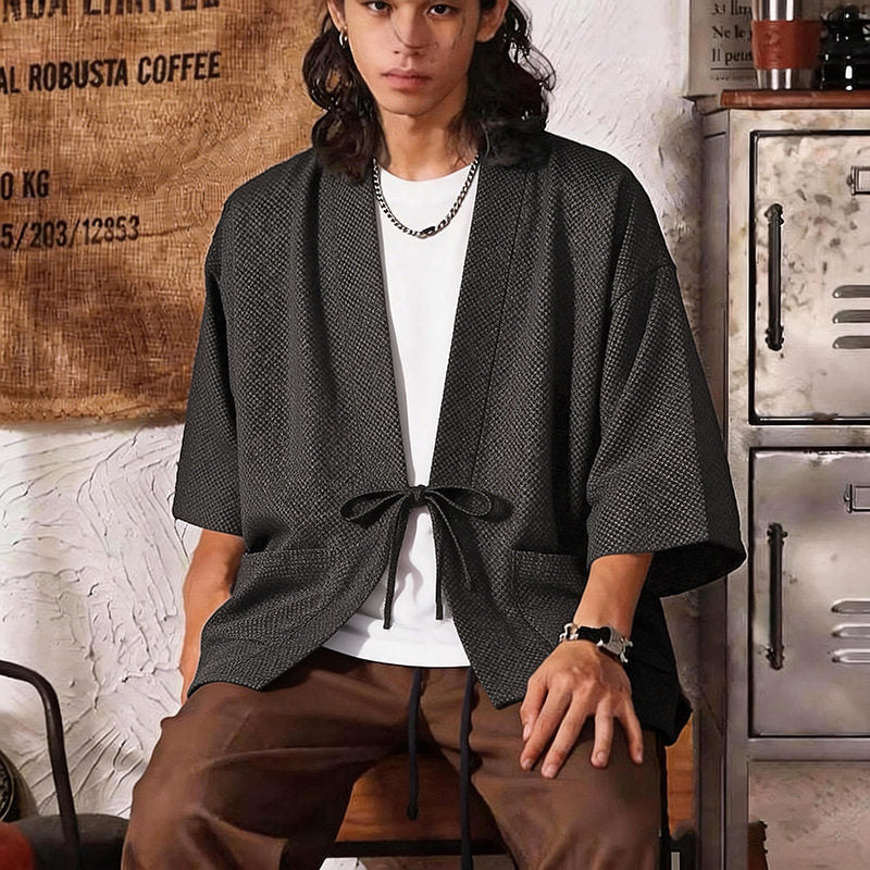 Herren Lockerer Kimono-Cardigan aus strukturierter Baumwollmischung mit kurzem Ärmel und Bindeband Drune