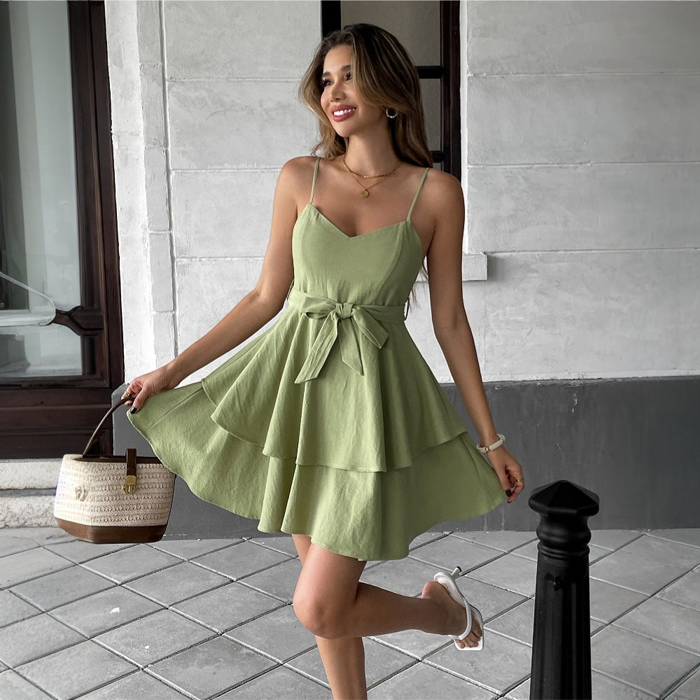Damen lässiges Wickelkleid mit voluminösem Rock und schmalen Spaghetti-Trägern Drune