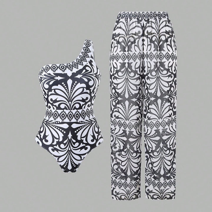 Damen einteiliger Badeanzug mit farbenfrohem Druck und passender Palazzo-Hose Drune