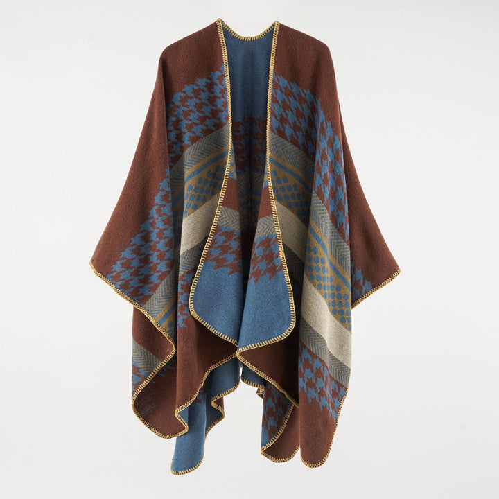 Damen Wohliger Oversize-Umhangponcho aus Wollmix mit Hahnentritt- und Grafikjacquard Drune