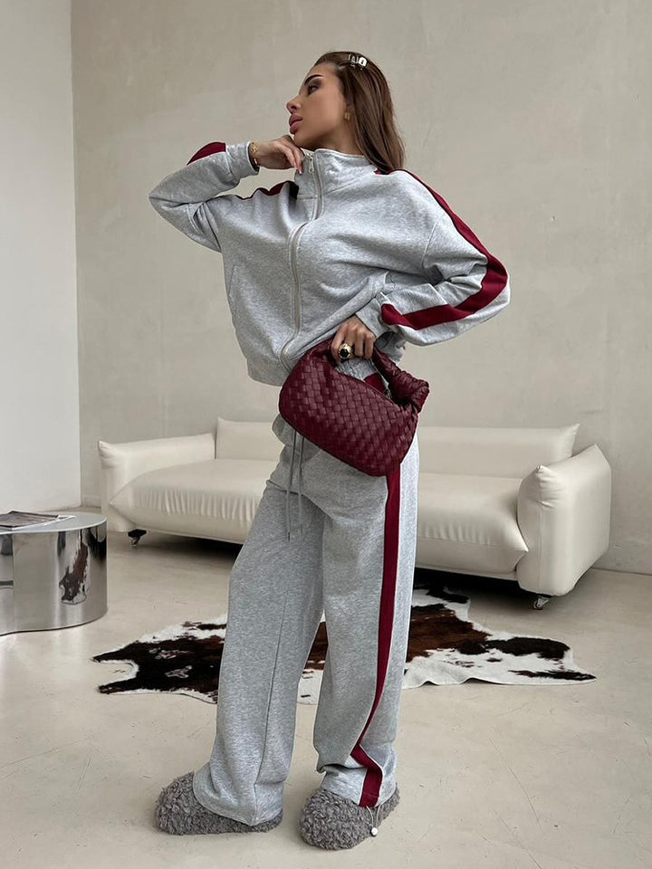 Damen Velours-Loungewear-Set mit Stehkragen, Zip-Jacke und weitem Palazzo-Hosenbein Drune