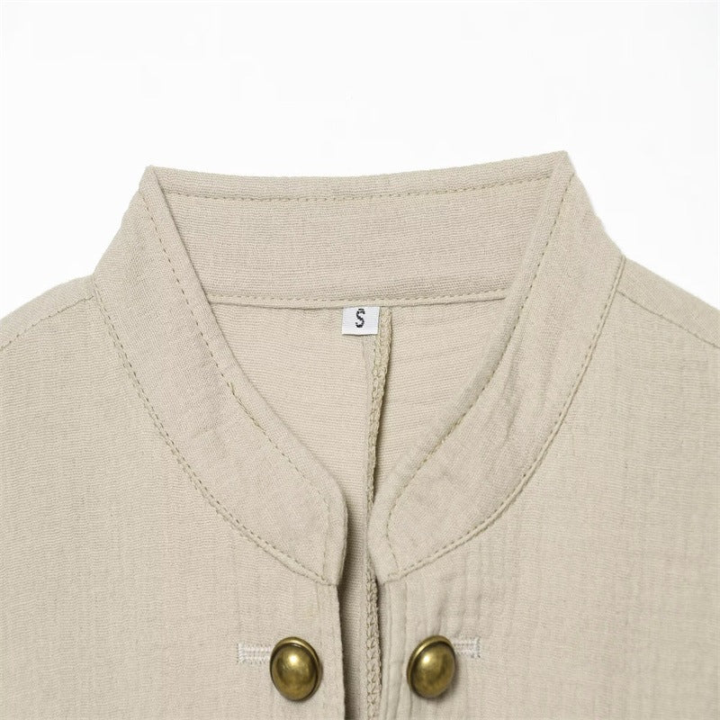 Damen Boxy-Leinenblazer mit Stehkragen, dekorativer Knopfleiste und Pattentaschen Drune