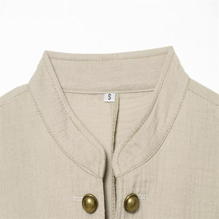Damen Boxy-Leinenblazer mit Stehkragen, dekorativer Knopfleiste und Pattentaschen Drune