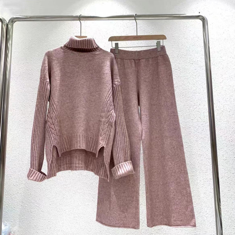 Damen modisches Strickset mit hohem Kragen und weitem Bein Drune