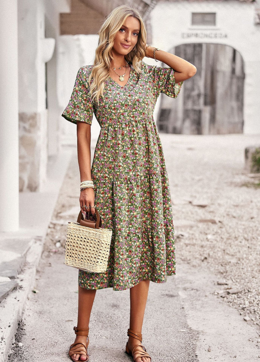 Damen Midi-Kleid mit Floralem Muster und Verspieltem V-Ausschnitt Drune
