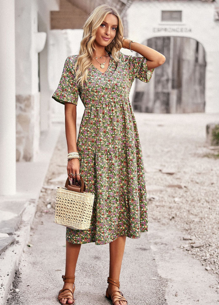 Damen Midi-Kleid mit Floralem Muster und Verspieltem V-Ausschnitt Drune