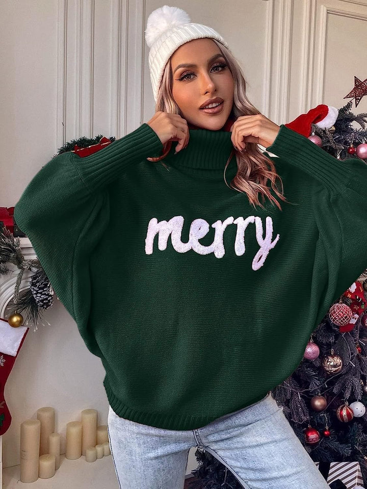 Damen Oversized Rollkragenpullover mit festlichem Schriftzug Drune