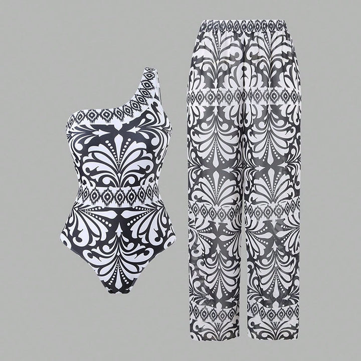 Damen Einteiler Badeanzug mit elegantem asymmetrischen Design und passender Hose Drune