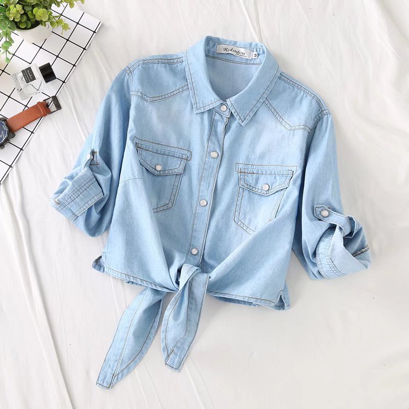 Damen Geknotete Denim Kurzbluse mit Brusttaschen und hochgekrempelten Ärmeln Drune