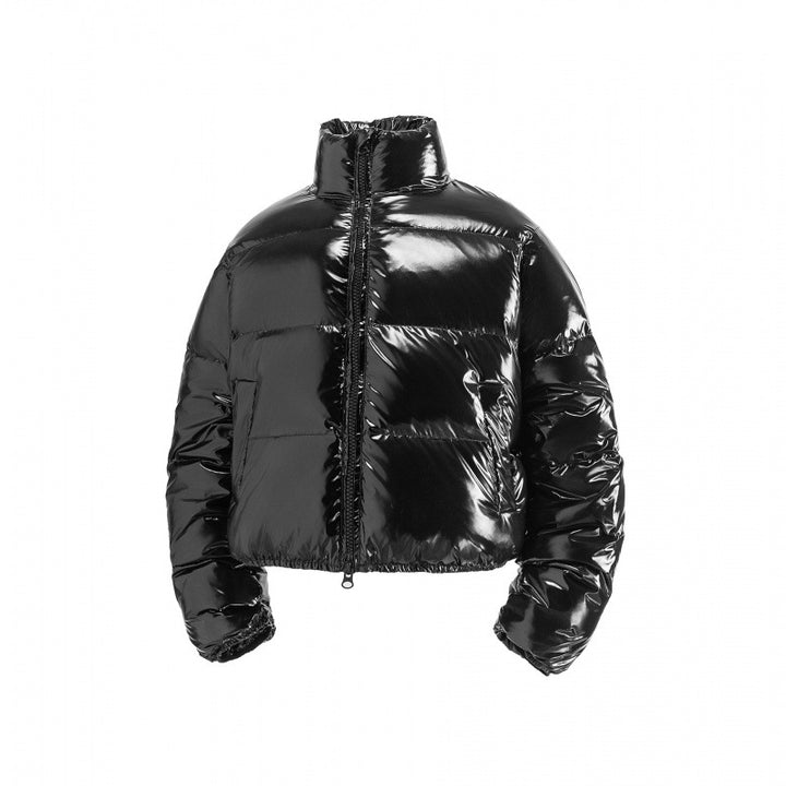 Damen Kurz geschnittene glänzende Steppjacke im Cropped‑Fit mit hohem Stehkragen Drune