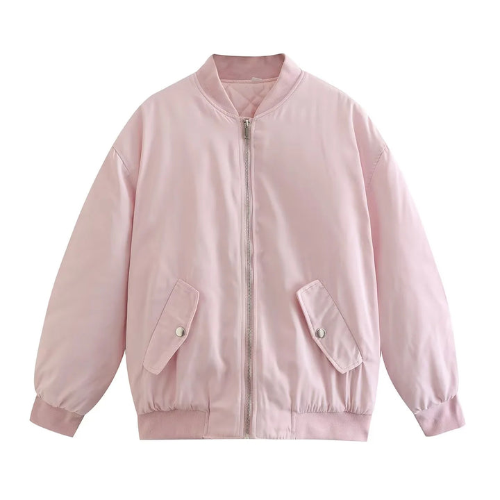 Damen nan oversized Bomberjacke mit Stehkragen, Reißverschluss und Druckknopf-Taschen Drune