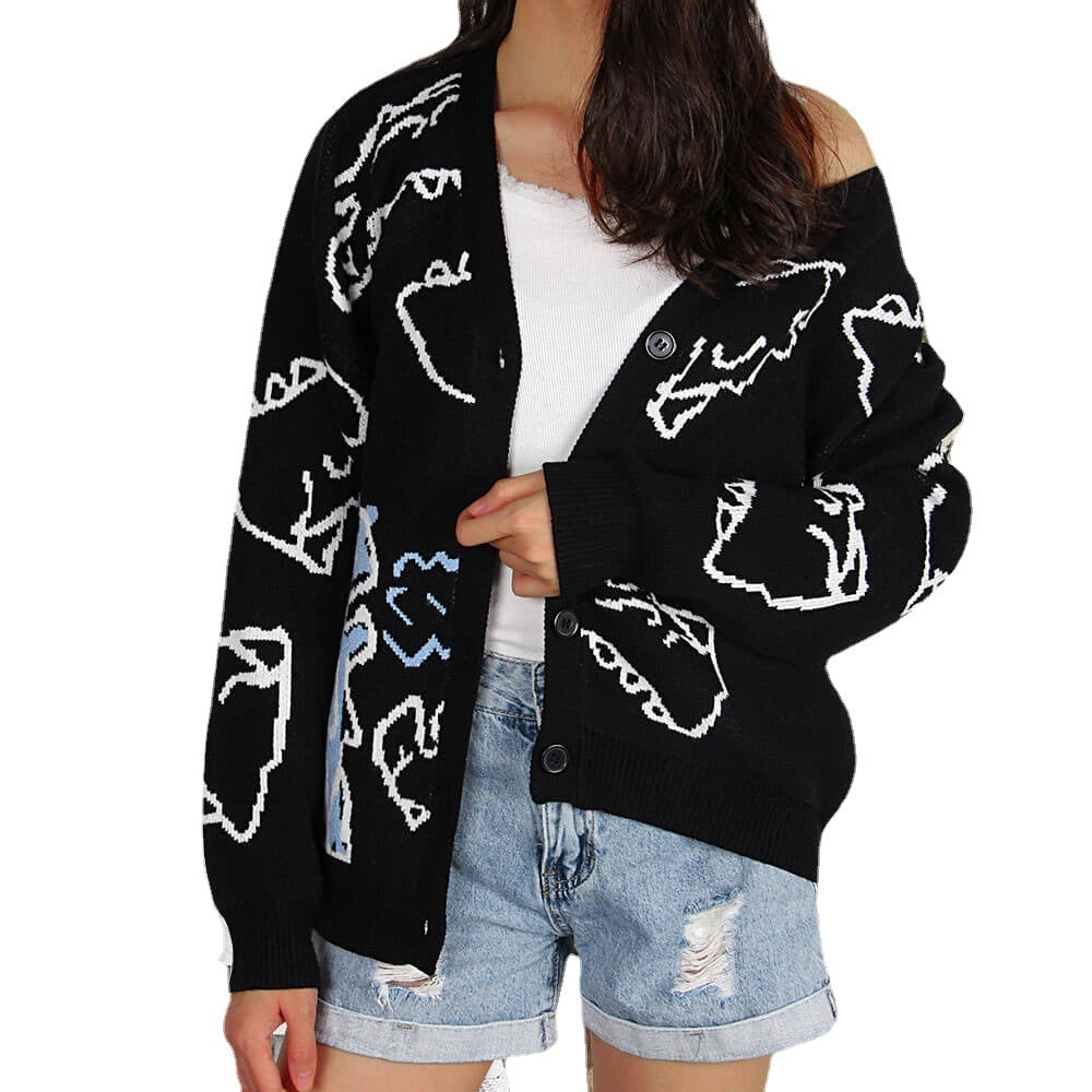 Damen Gemusterte Strickjacke mit lustigem Dinosaurier-Motiv Drune
