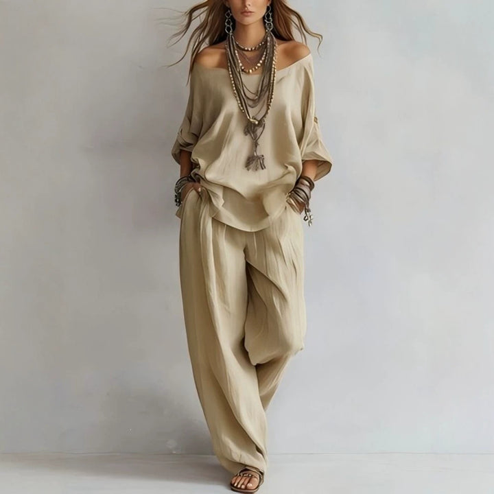 Damen Lässiges Leichtes Lounge-Set mit Carmenausschnitt und Palazzo-Hose Drune