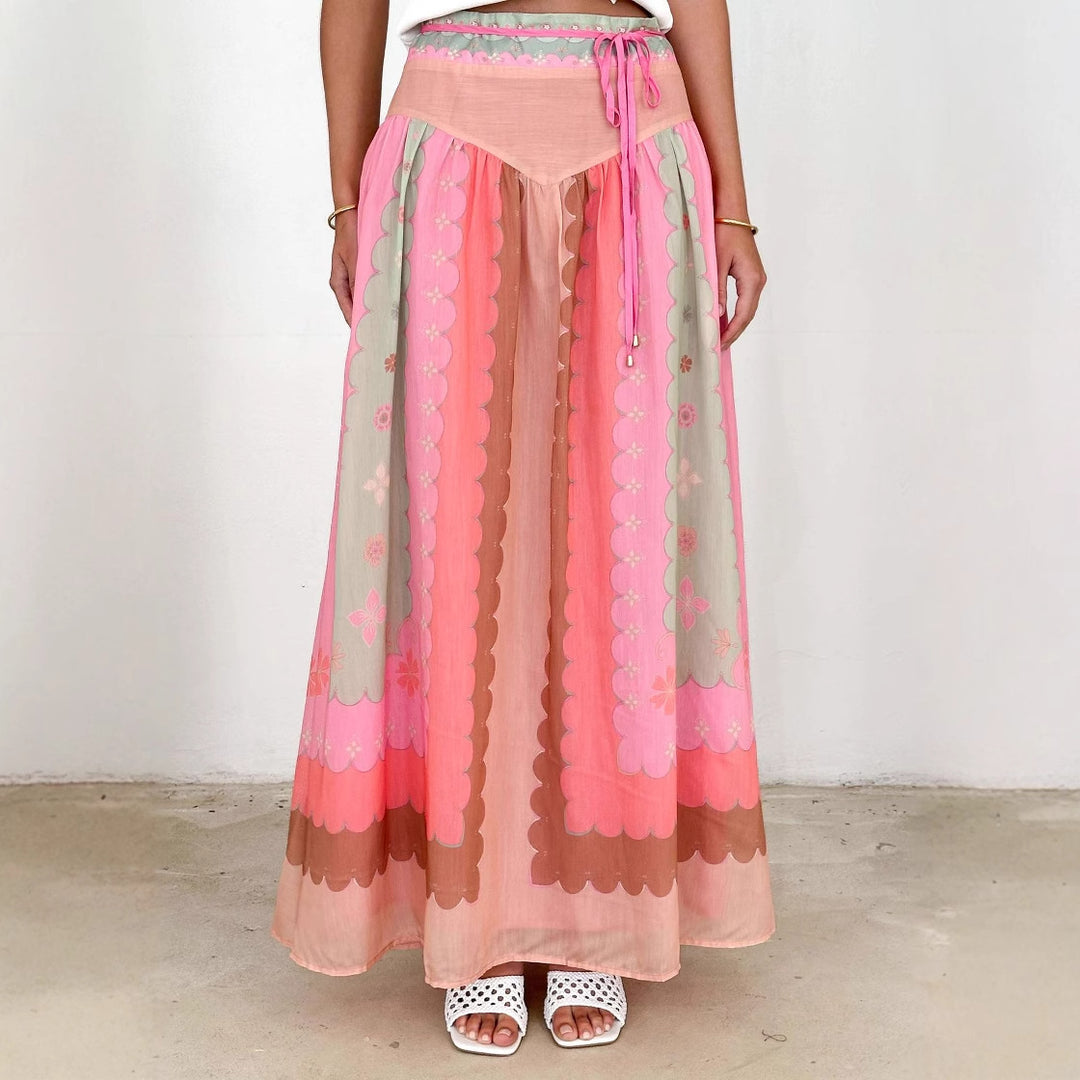 Damen Langer Boho-Rock mit floralem Design und Taillenzug Drune
