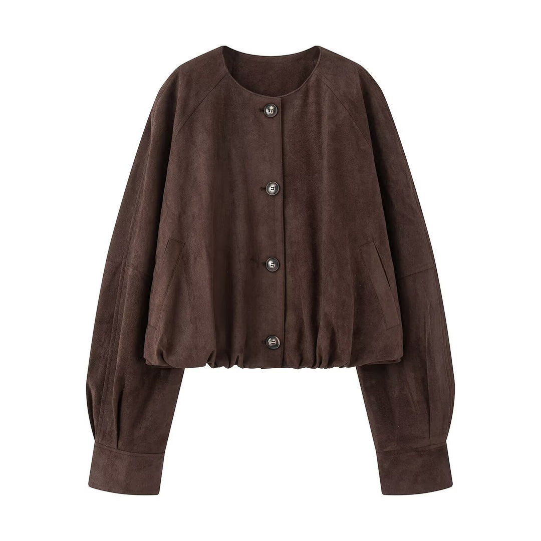 Damen Kurzjacke in Velours‑Optik mit Rundhalsausschnitt, Ballonärmeln und elastischem Saum Drune