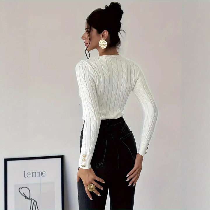 Damen Strickpullover mit filigranem Zopfmuster und eleganten Knopfdetails Drune