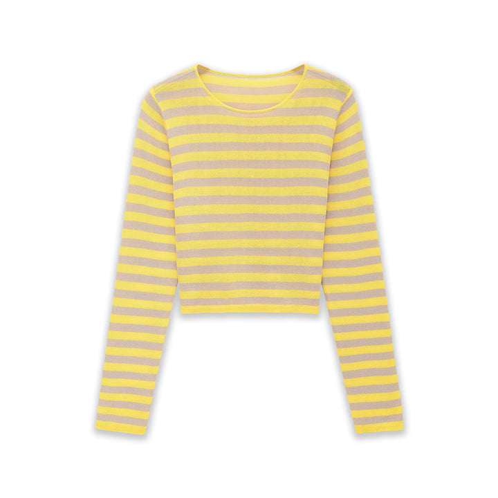 Damen Gestreifter Cropped-Feinstrickpullover mit U-Boot-Ausschnitt Drune