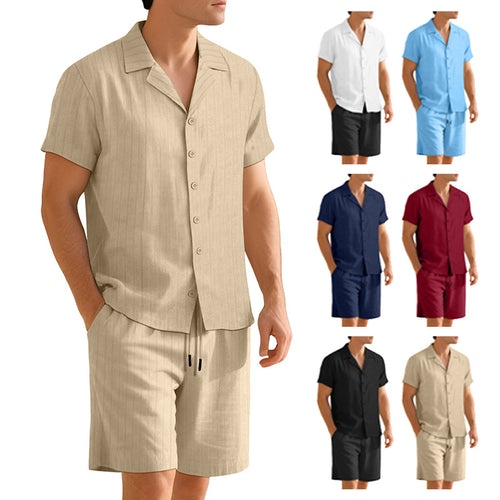 Herren nan Rippenstrick Lounge-Set mit Reverskragen Kurzarmhemd und Komfort-Bermuda Drune