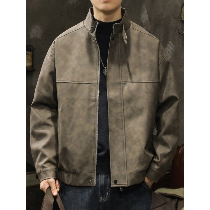 Herren Boxy Lederoptik-Blouson mit verdeckter Reißverschlussleiste, Stehkragen und elastischem Bund Drune