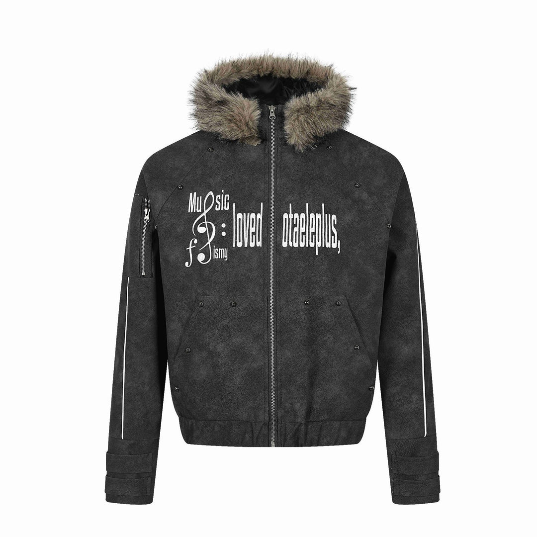 Herren Kurz geschnittener Suede‑Look Bomber mit Kapuze, Kunstfellbesatz und Statement‑Print Drune