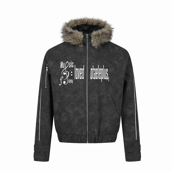 Herren Kurz geschnittener Suede‑Look Bomber mit Kapuze, Kunstfellbesatz und Statement‑Print Drune