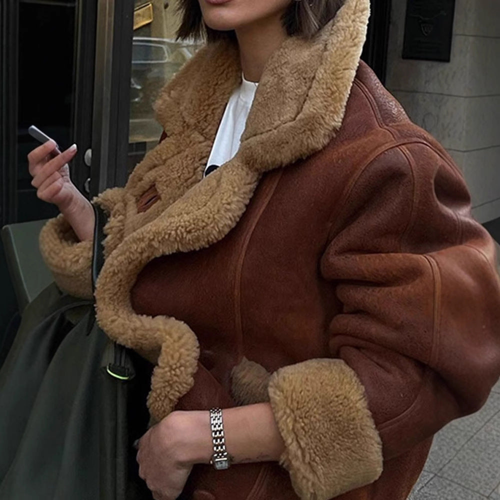 Damen Lässige und modische Teddyjacke mit großem Kragen und weich gefüttertem Innenleben Drune