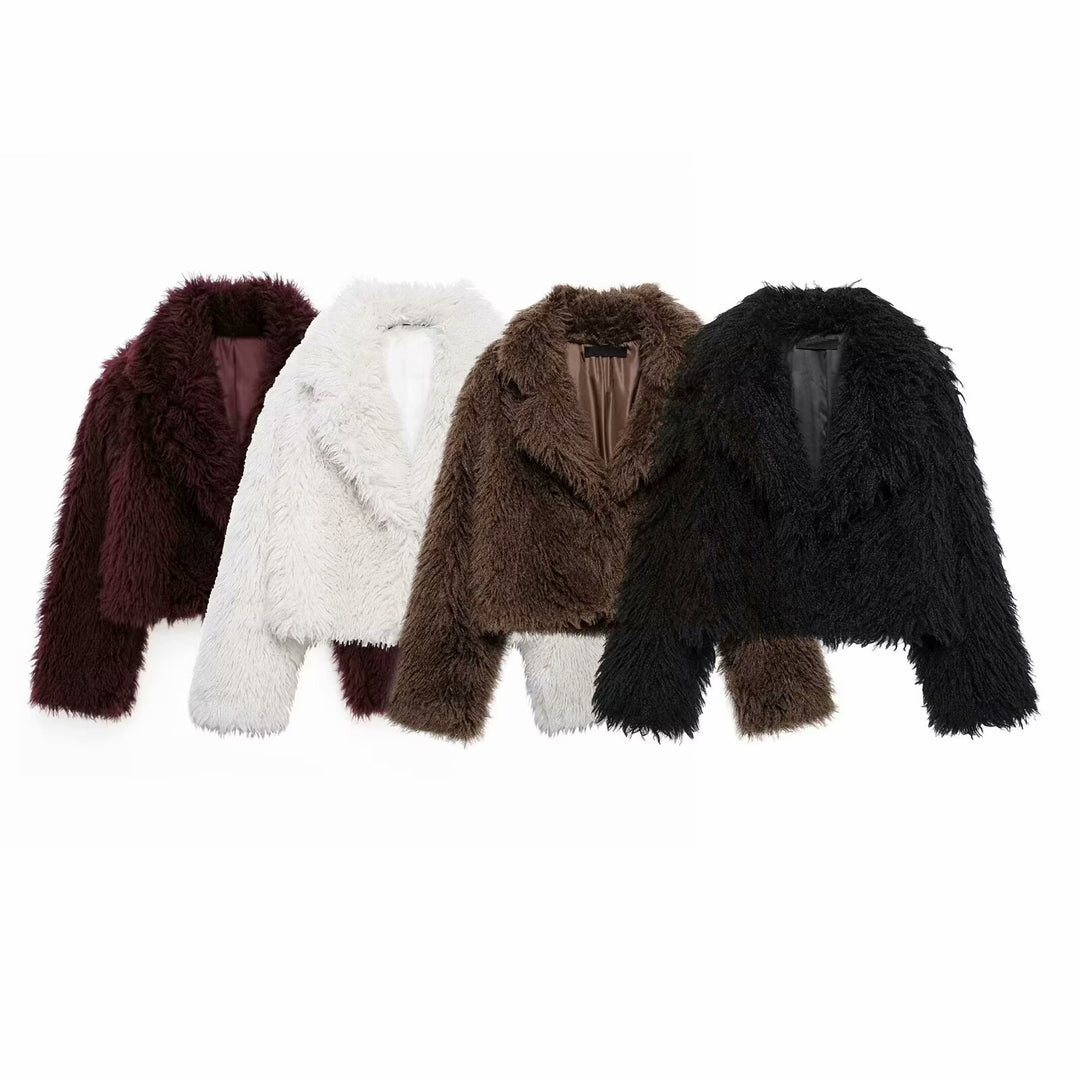 Damen Kurz geschnittene Teddy-Faux-Felljacke mit weitem Reverskragen und soften Flor Drune