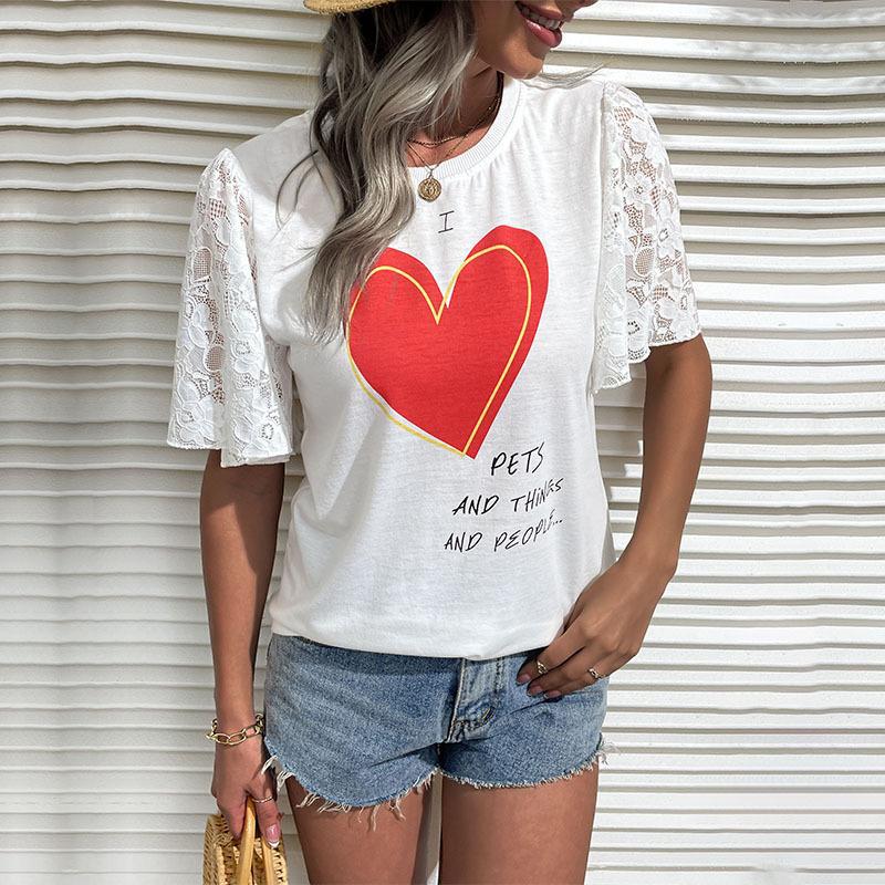 Damen T-Shirt mit Spitzenärmel und Herz-Print Drune