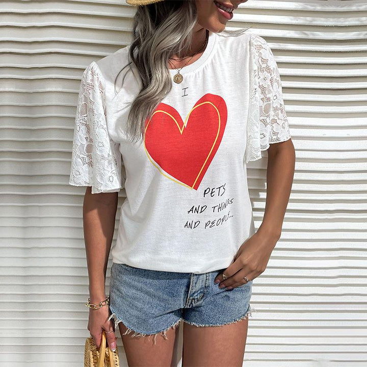 Damen T-Shirt mit Spitzenärmel und Herz-Print Drune