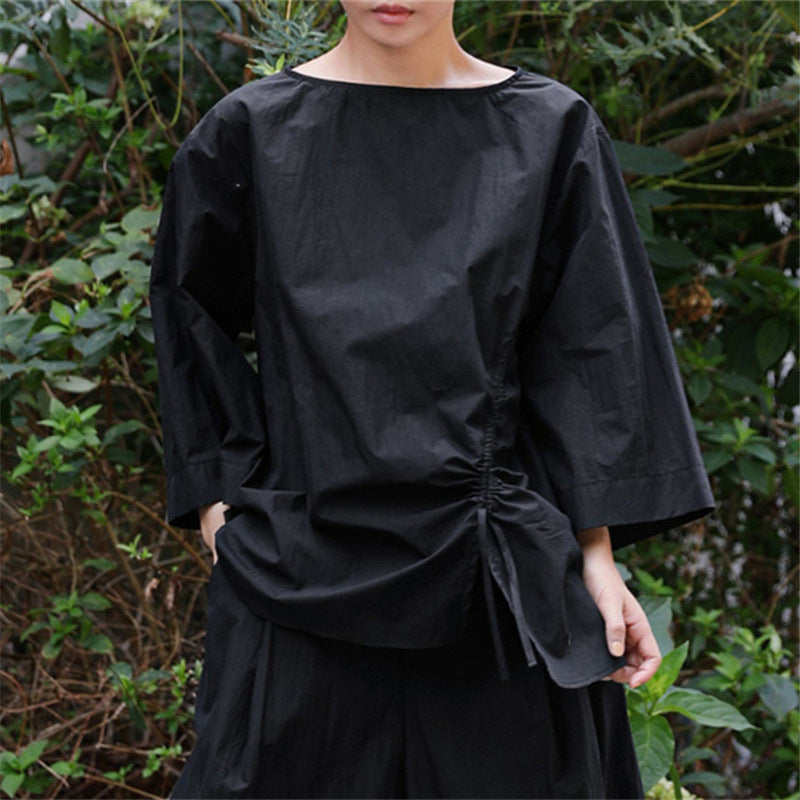 Damen Oversize-Bluse mit seitlicher Kordel‑Raffung, U‑Boot‑Ausschnitt und weiten Ärmeln Drune