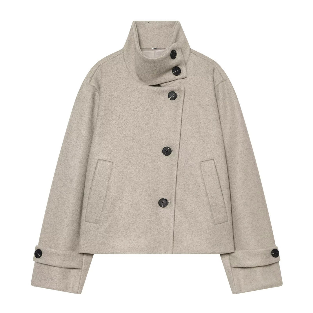 Damen Cropped Wollblouson‑Mantel mit hohem Stehkragen und Knopfblende Drune