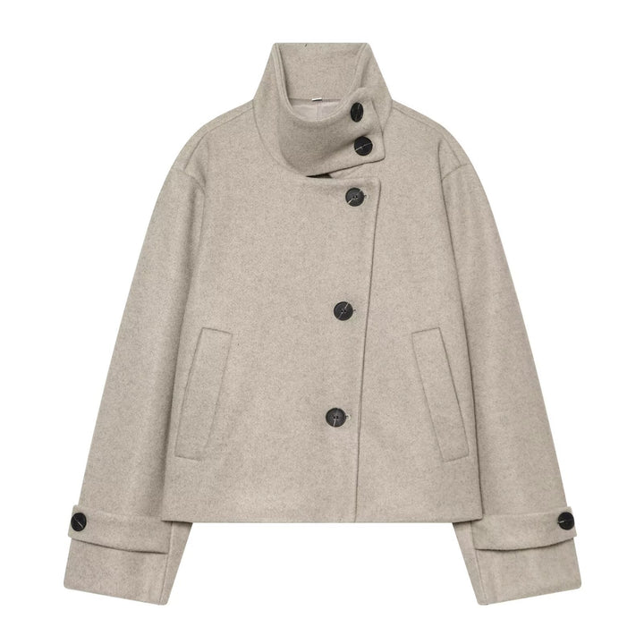 Damen Cropped Wollblouson‑Mantel mit hohem Stehkragen und Knopfblende Drune