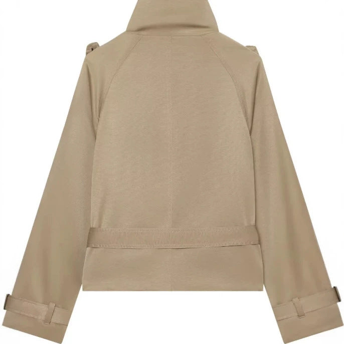 Damen Kurz geschnittener Trenchblouson mit hohem Stehkragen und Taillengürtel Drune