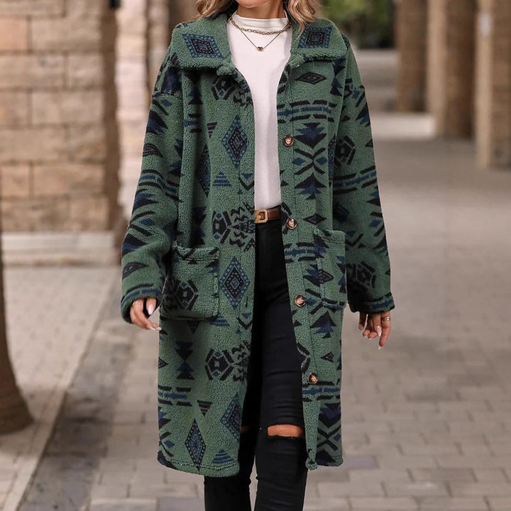 Damen Teddy-Mantel mit Aztekenmuster, Knopfleiste und aufgesetzten Taschen Drune