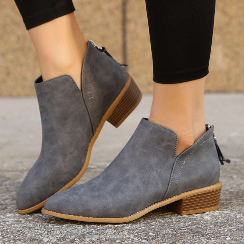 Damen nan spitze Ankleboots mit niedrigem Holzblockabsatz, V‑Cut Seitenöffnung und rückseitigem Reißverschluss Drune