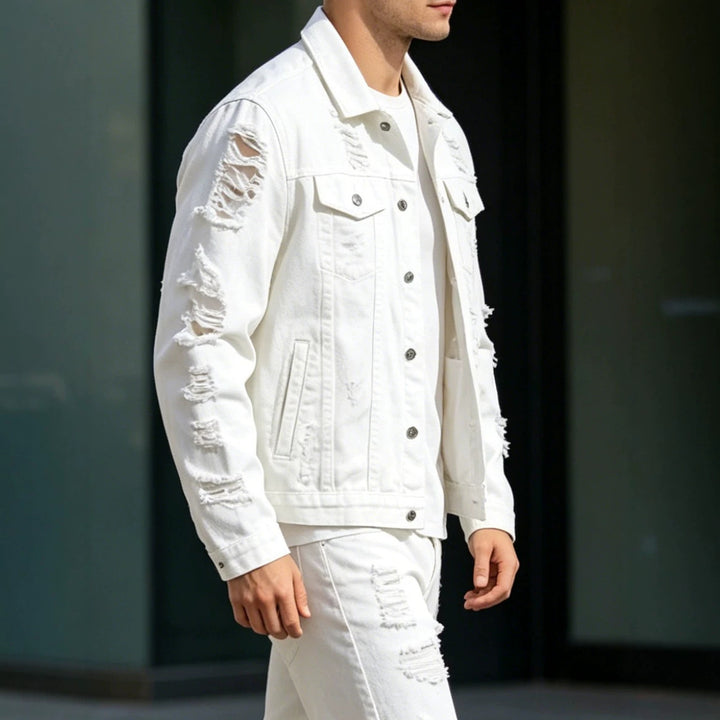 Herren Modische Jeansjacke mit Zerrissenen Details Drune