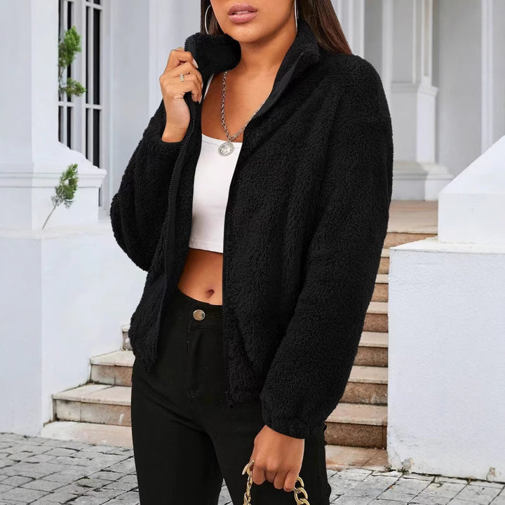 Damen kuschelige Teddyjacke mit hohem Kragen und aufgestelltem Reißverschluss Drune