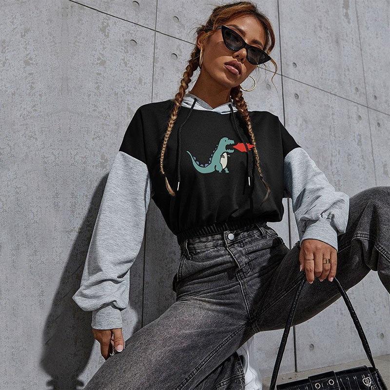 Damen Kurz geschnittener Colorblock-Kapuzenpullover mit Tunnelzug, elastischem Saum und Print Drune