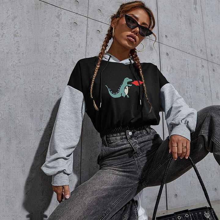 Damen Kurz geschnittener Colorblock-Kapuzenpullover mit Tunnelzug, elastischem Saum und Print Drune