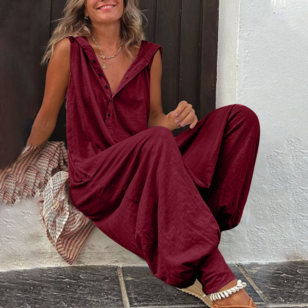 Damen Lässiger Jumpsuit mit Kapuze und Knopfverschluss Drune