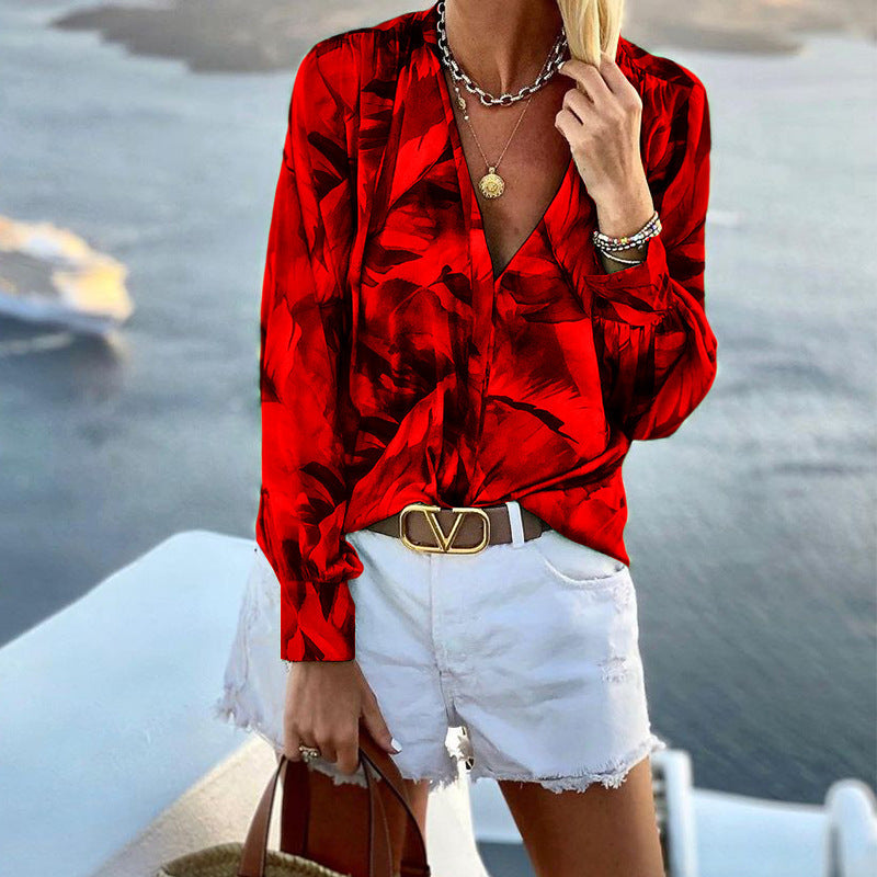 Damen Bluse mit floralem Muster und tiefem V-Ausschnitt Drune