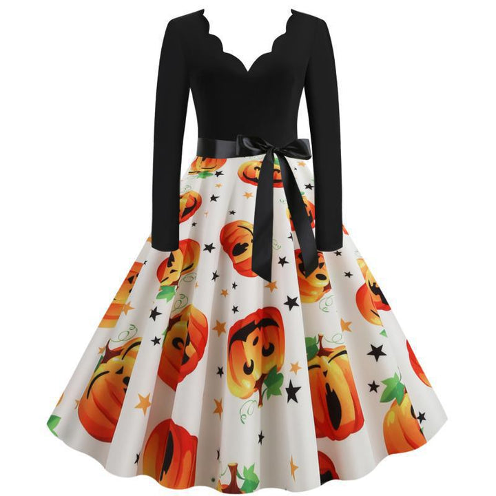 Damen Vintage Swing-Kleid mit Halloween-Kürbisprint, V-Ausschnitt mit Wellensaum und tailliertem Satinband Drune