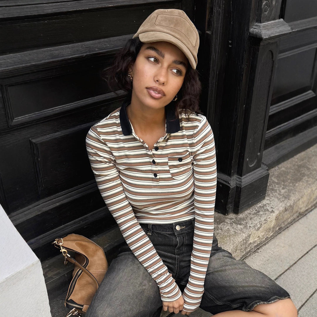 Damen nan gestreiftes Polo-Crop-Longsleeve mit kontrastkragen und Brusttasche Drune