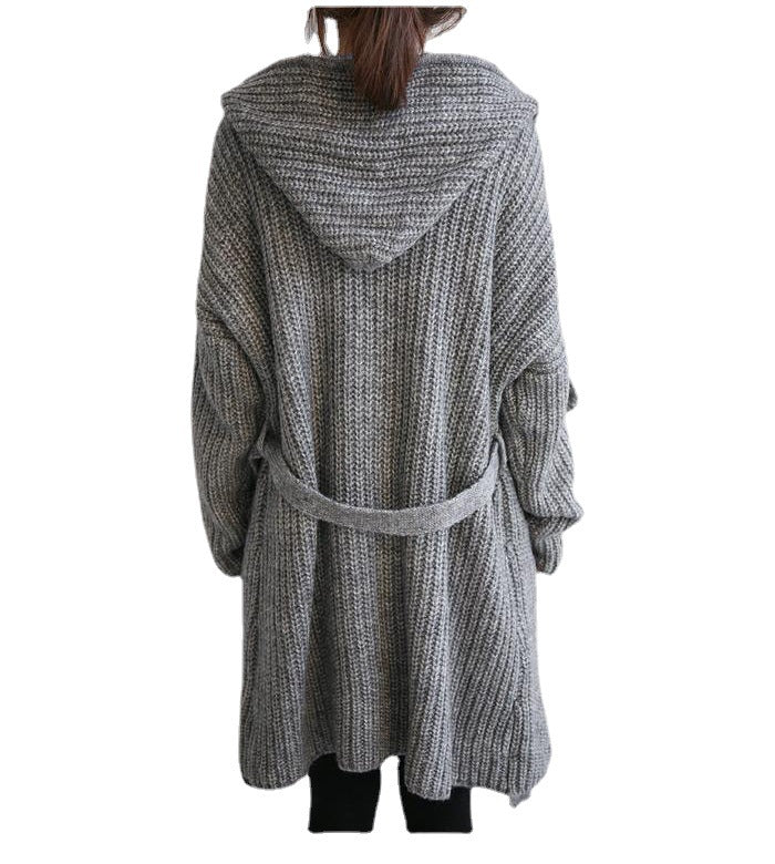 Damen Langer Strickmantel mit gemütlichen Taschen und Kapuze Drune