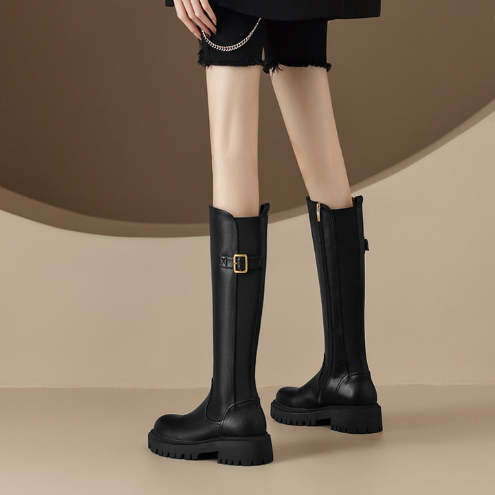 Damen lange Stiefel mit elegantem Schnallenakzent und rutschfester Sohle Drune