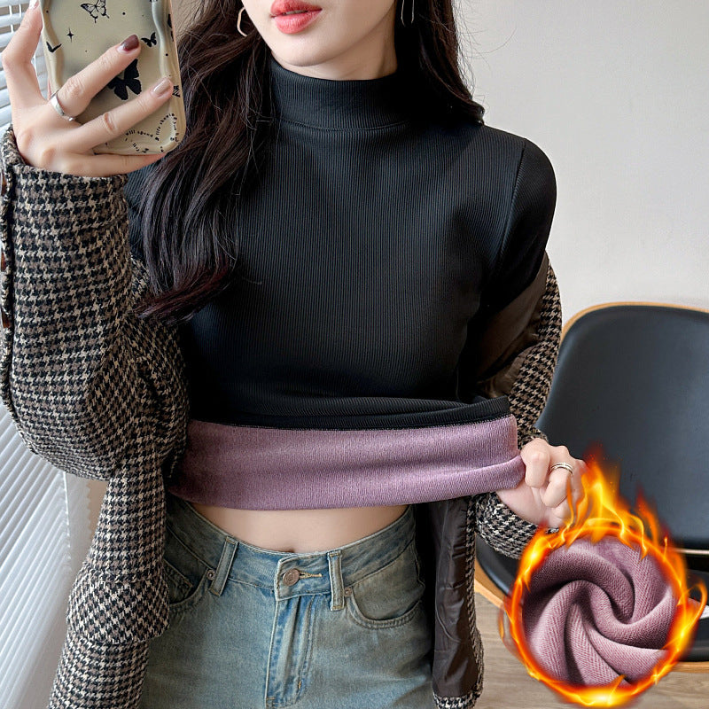 Damen Langarm-Cropped-Top mit hohem Kragen und Rippstruktur Drune